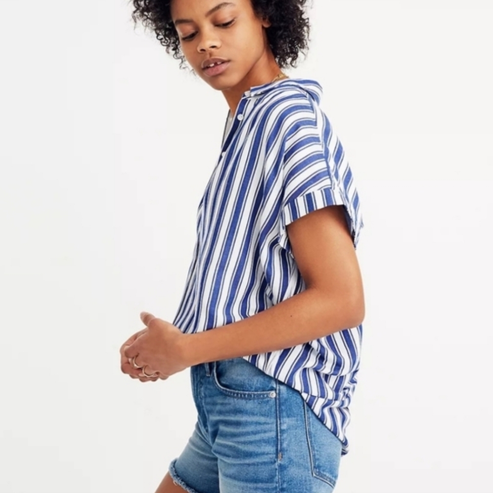 Madewell Blue Stripe Button Shirt Coastal Minimalist Capsule Travel Cottage XXS